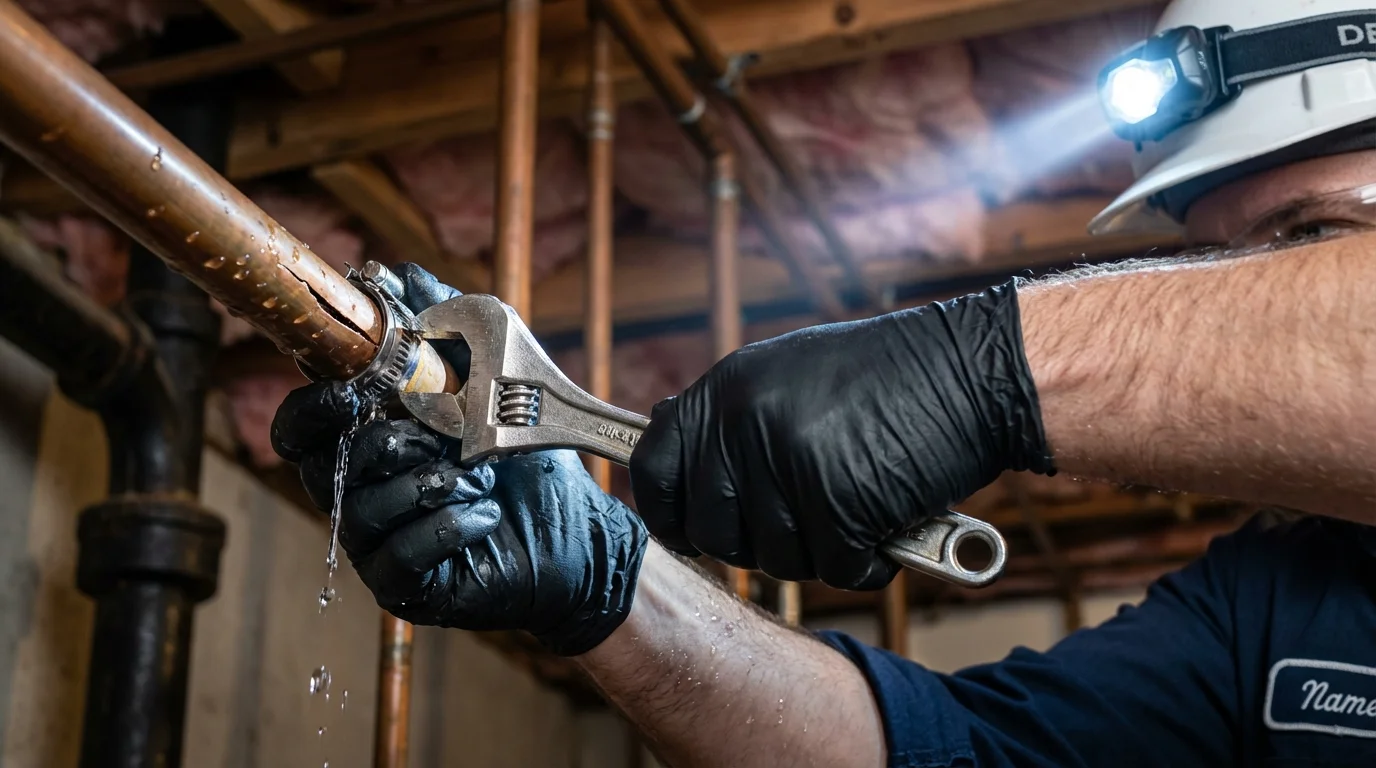 Emergency pipe clamp repair being performed by a Johns Plumbing LLC plumber in Tularosa