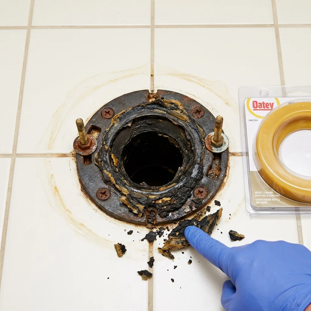 Failed wax ring showing water seepage at the base of a toilet in a Tularosa, NM home