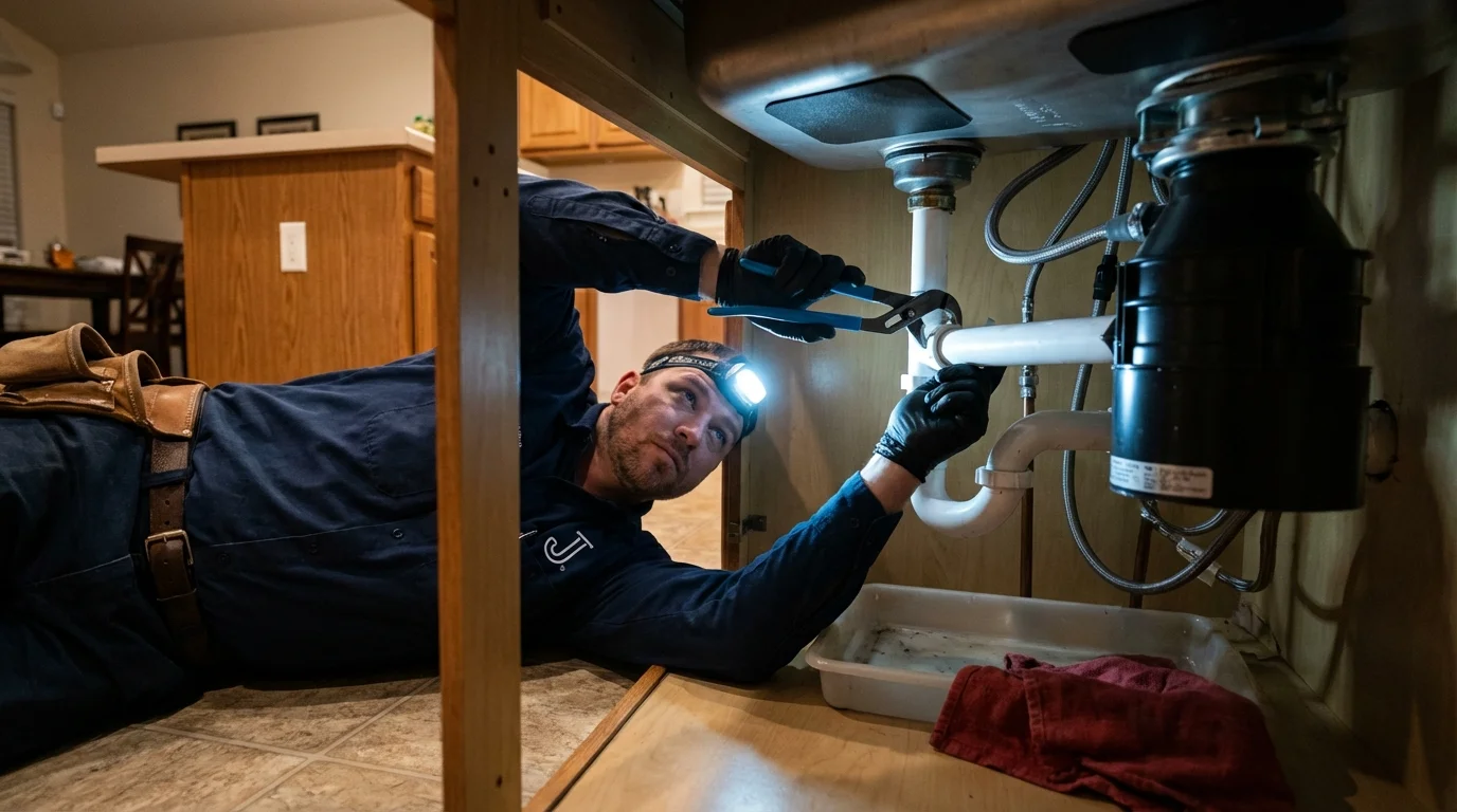 P-trap and supply line connections under a kitchen sink showing a common leak point in Tularosa, NM